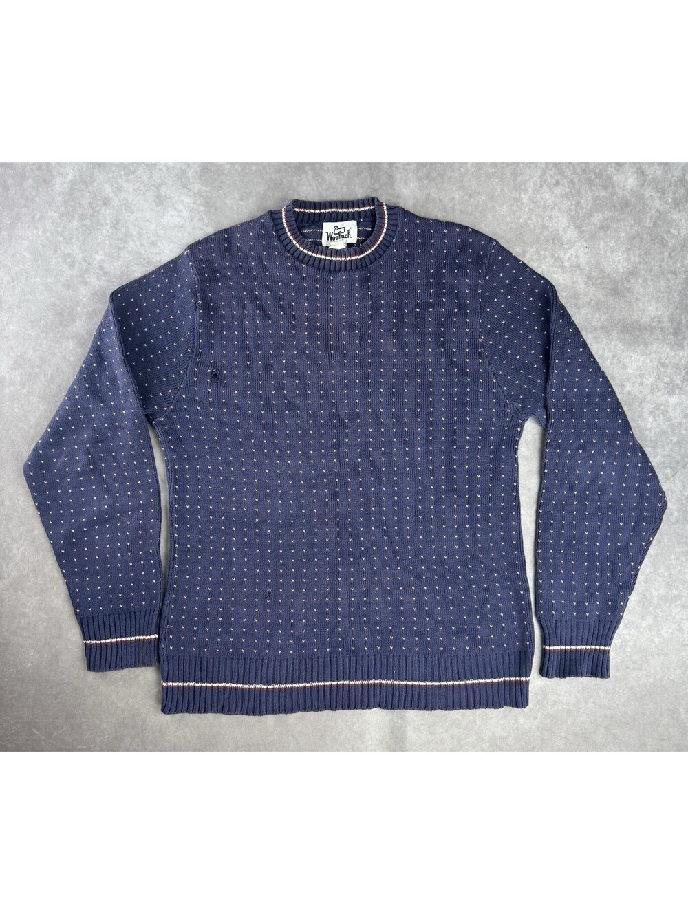 Vintage 80s Woolrich Navy Blue & Red Heart Dot Print Knit Sweater SZ L Pullover